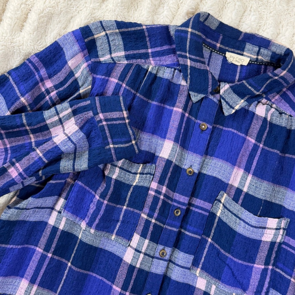 Pilcro Anthropologie Blue Purple Plaid Button Down Shirt Viscose Blend Large